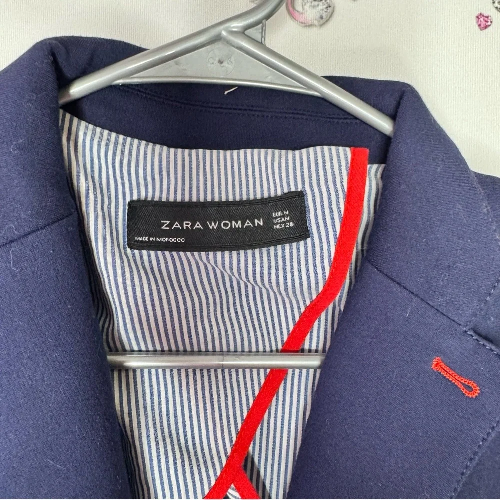 Zara woman Navy Blue jacket sweater Blazer buttons nautical red striped - Picture 5 of 6